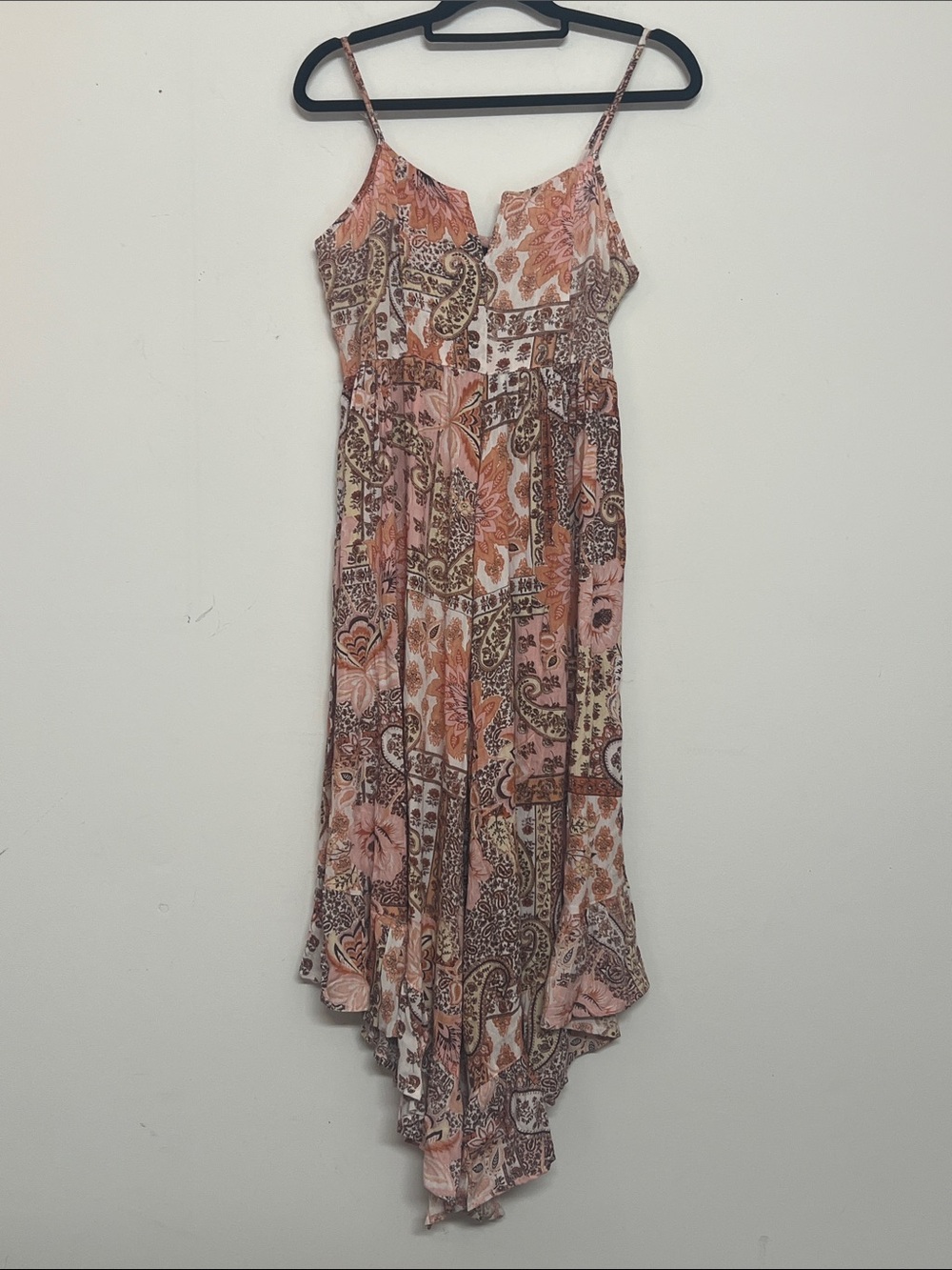 🌞 Angie Peach Paisley Asymmetrical Ruffle Koolattes pant suit romper women S
